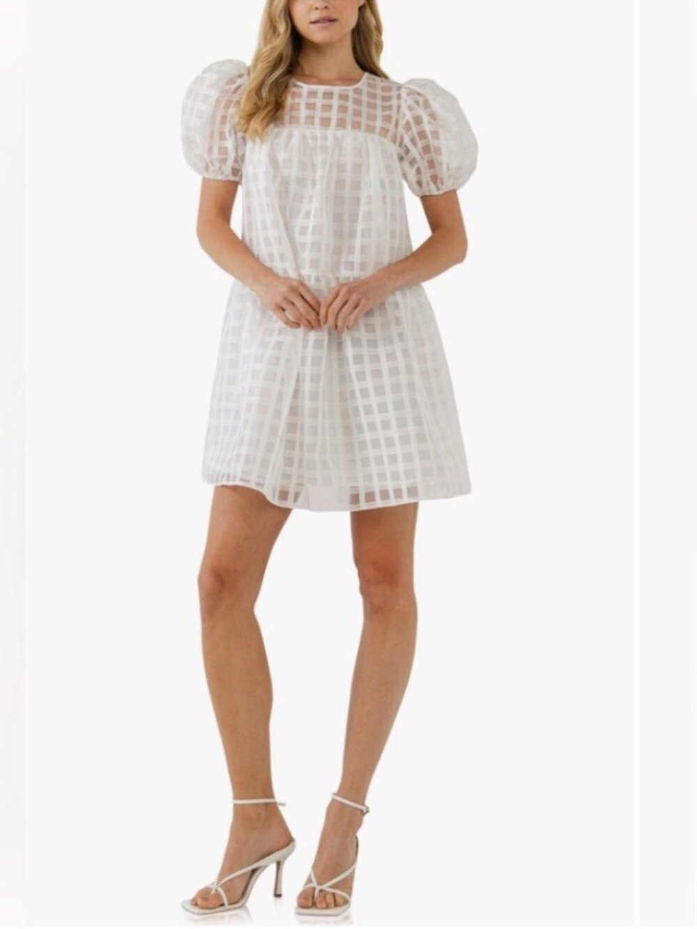 NWT English Factory Gridded Organza Puff Sleeve White Minidress. Size M